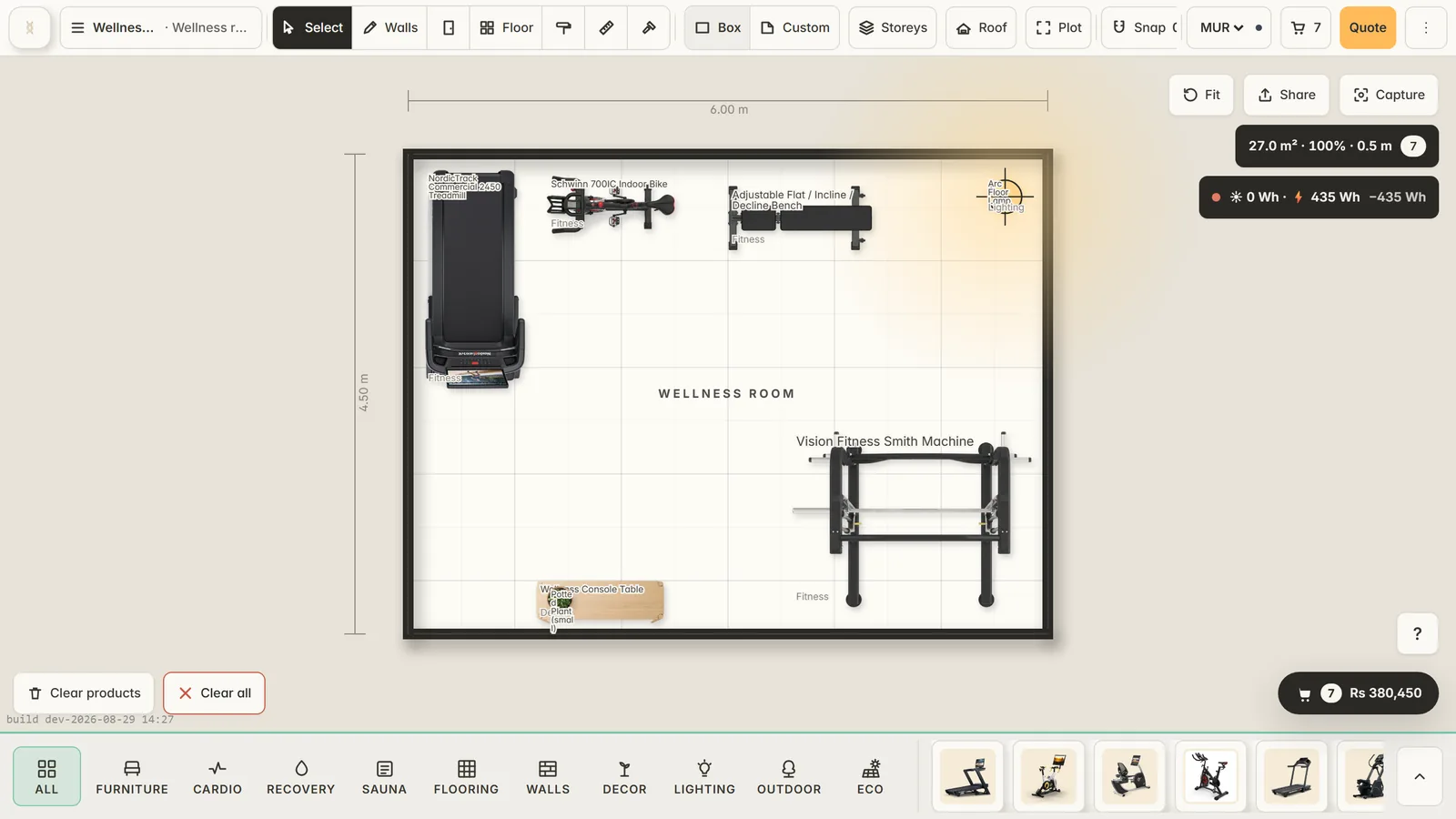 The Room Designer with a furnished 6 by 4.5 metre wellness room: treadmill, indoor bike, bench, Smith machine, console table and floor lamp placed to scale, with a running total of Rs 380,450