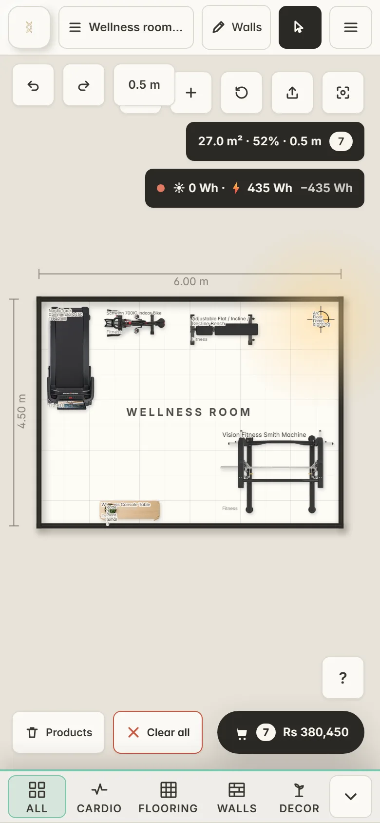 The same room on a phone, with the catalogue folded to its category row along the bottom