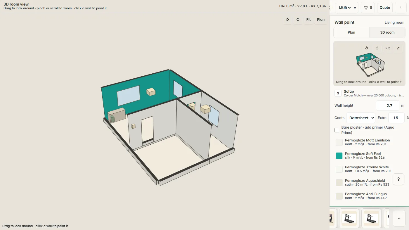 The 3D room view with the living room walls painted in a Sofap colour, beside the paint panel listing the Permoglaze lines, the colour chart and the litres and tins required
