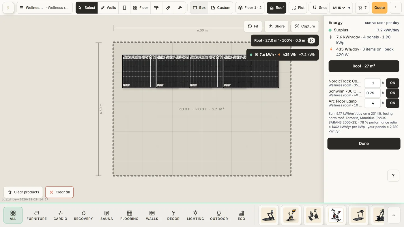 The roof level with four Jinko solar panels and the energy panel reading a surplus of 7.2 kilowatt-hours per day
